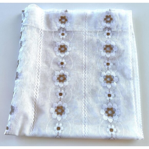 Vintage 1970s mesh curtain, white, tan groovy floral pattern, sheer panel - Picture 1 of 10